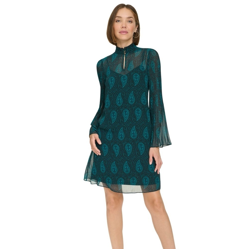 Tommy Hilfiger Paisley Chiffon Shift Dress Cypress Green 6 NWT Designer Office - Picture 4 of 7